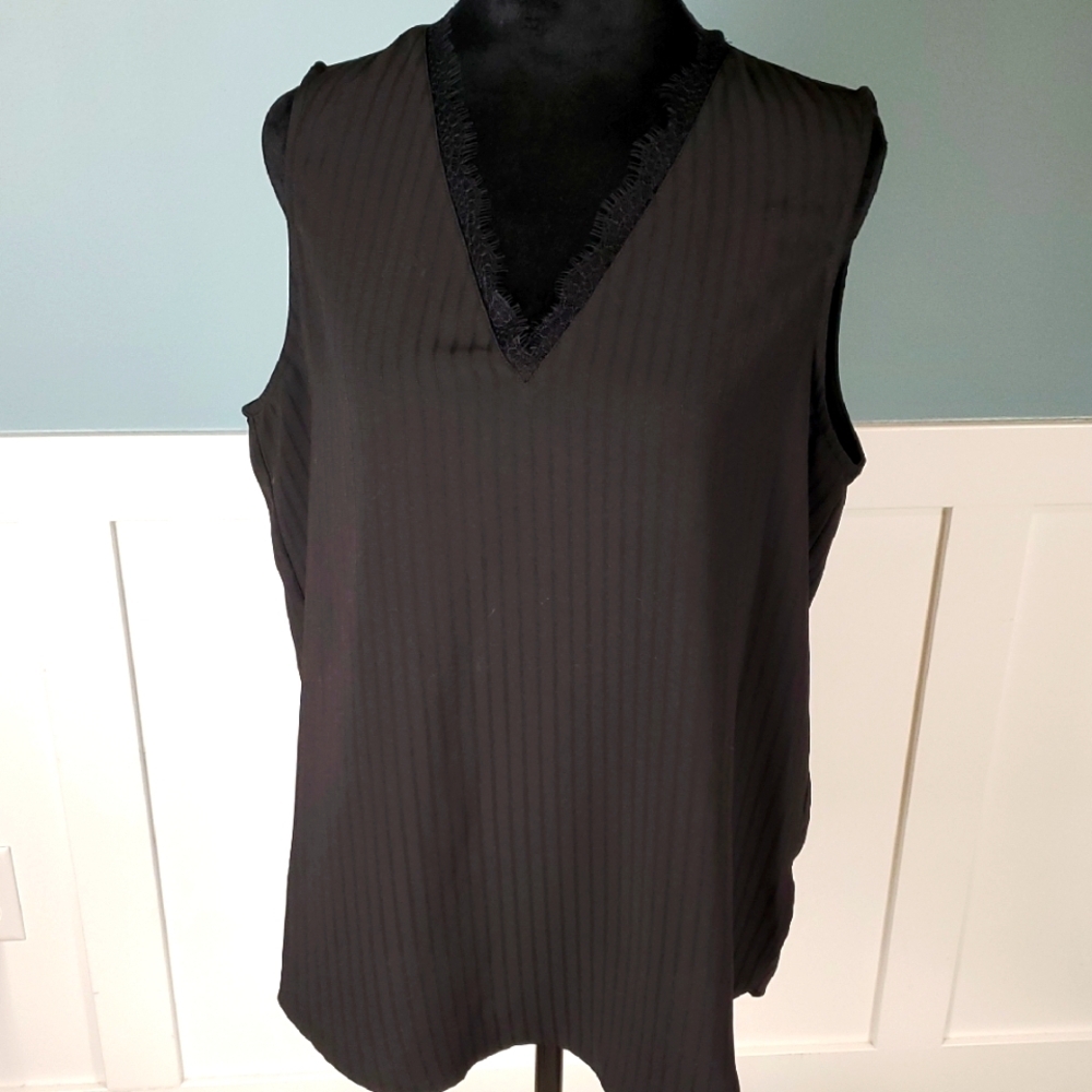Adrianna Papell Lace Trimmed Sleeveless Top Black M